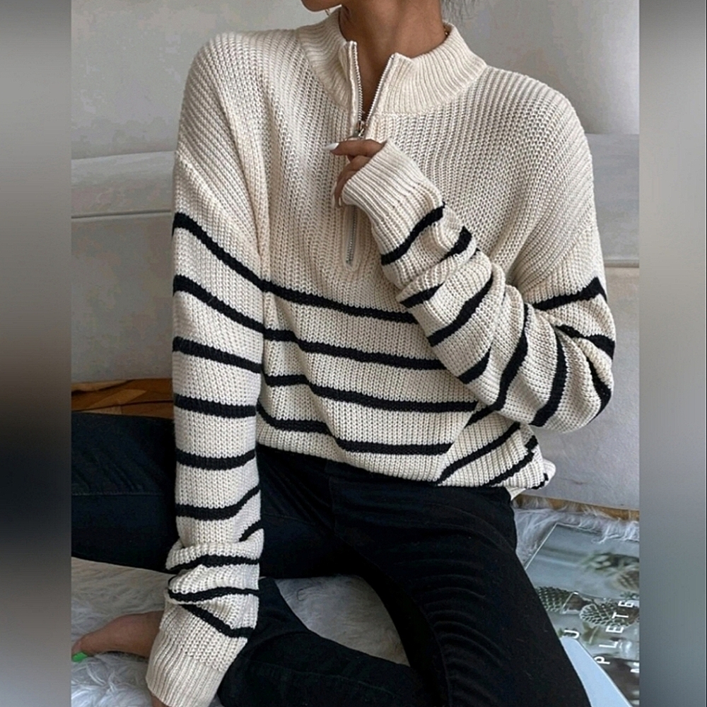 NEW Zip Striped Oversized Knit Pullover Sweater Top Tan Black - Picture 6 of 8